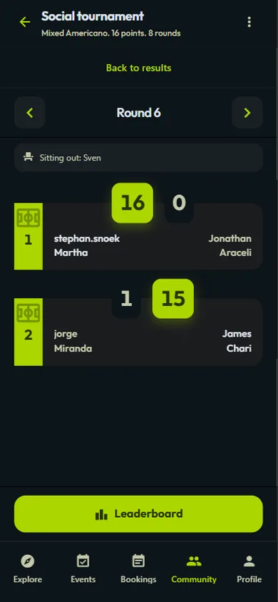 Smash app round view with scored Americano matches on two courts