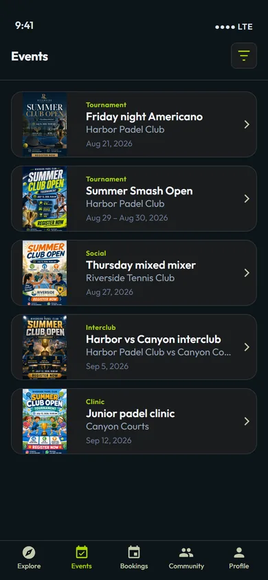 Smash app Events tab with upcoming club tournaments, socials, and clinics