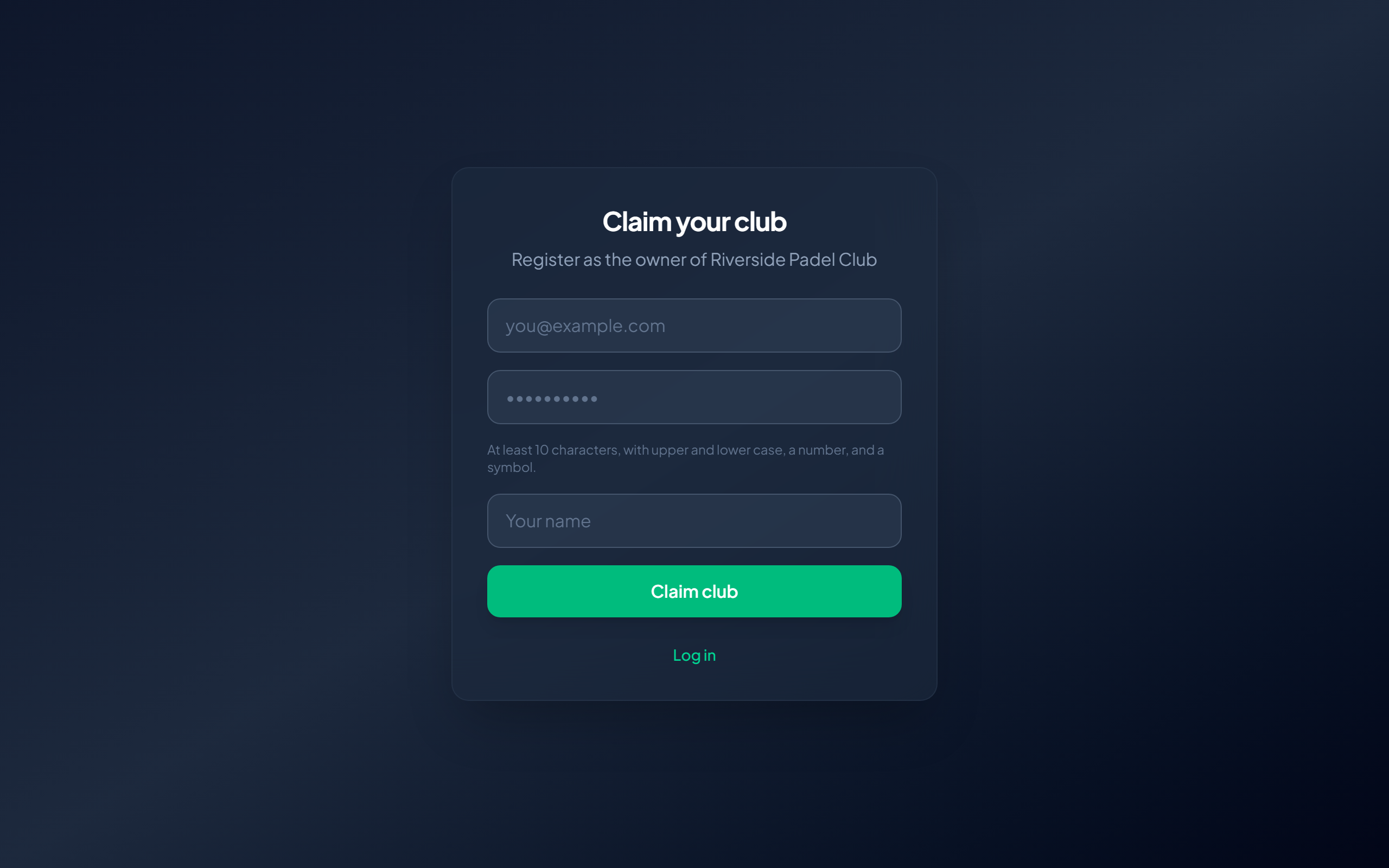 Claim je club-registratiescherm