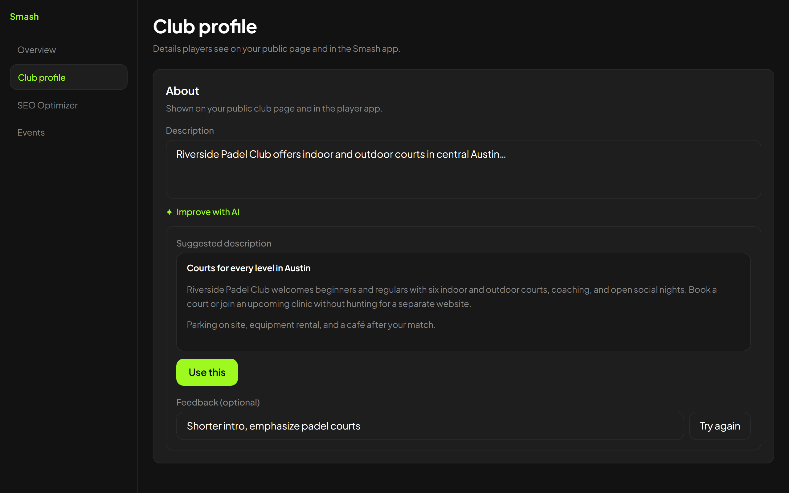 Club Over met AI-beschrijvingsvoorbeeld
