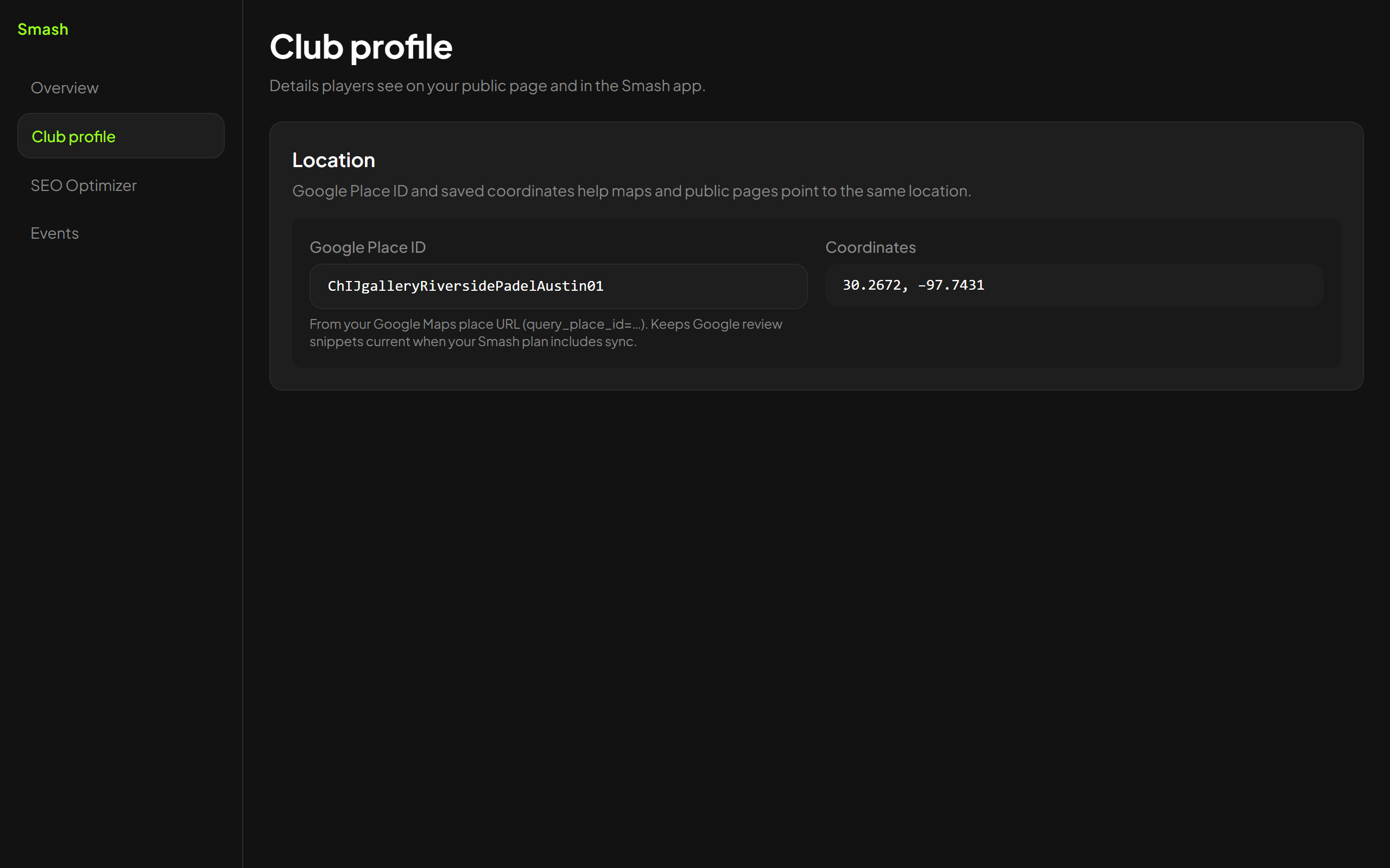 Google-vermelding op het clubprofiel