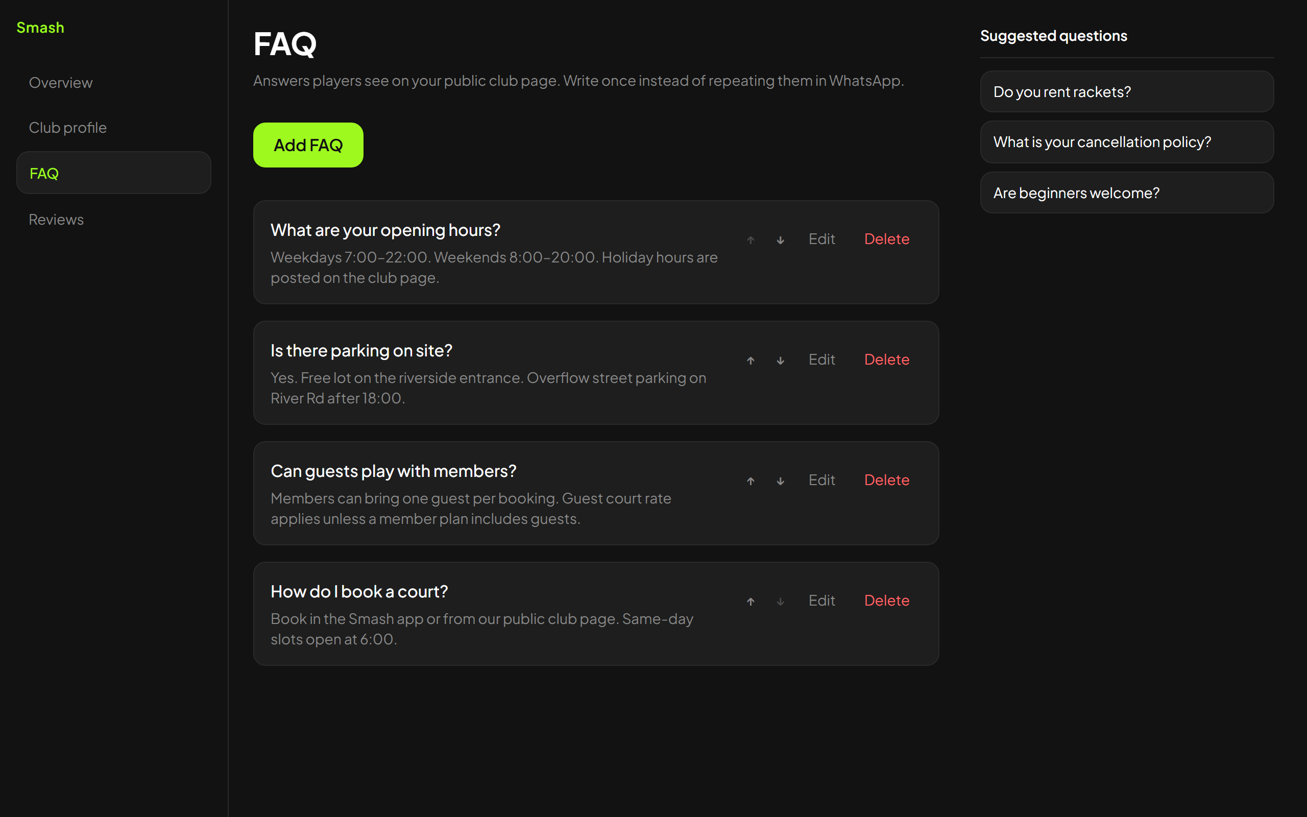Club-FAQ-editor met openingstijden, parkeren, gasten en boeken