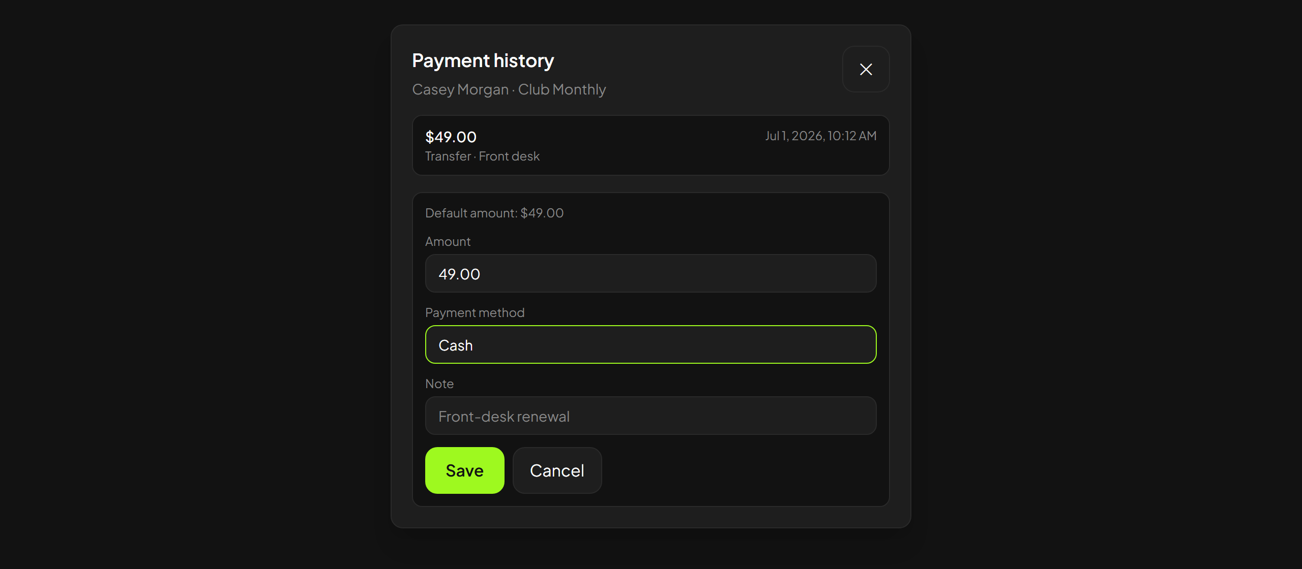 Modal para registrar pago de membresía en efectivo o transferencia