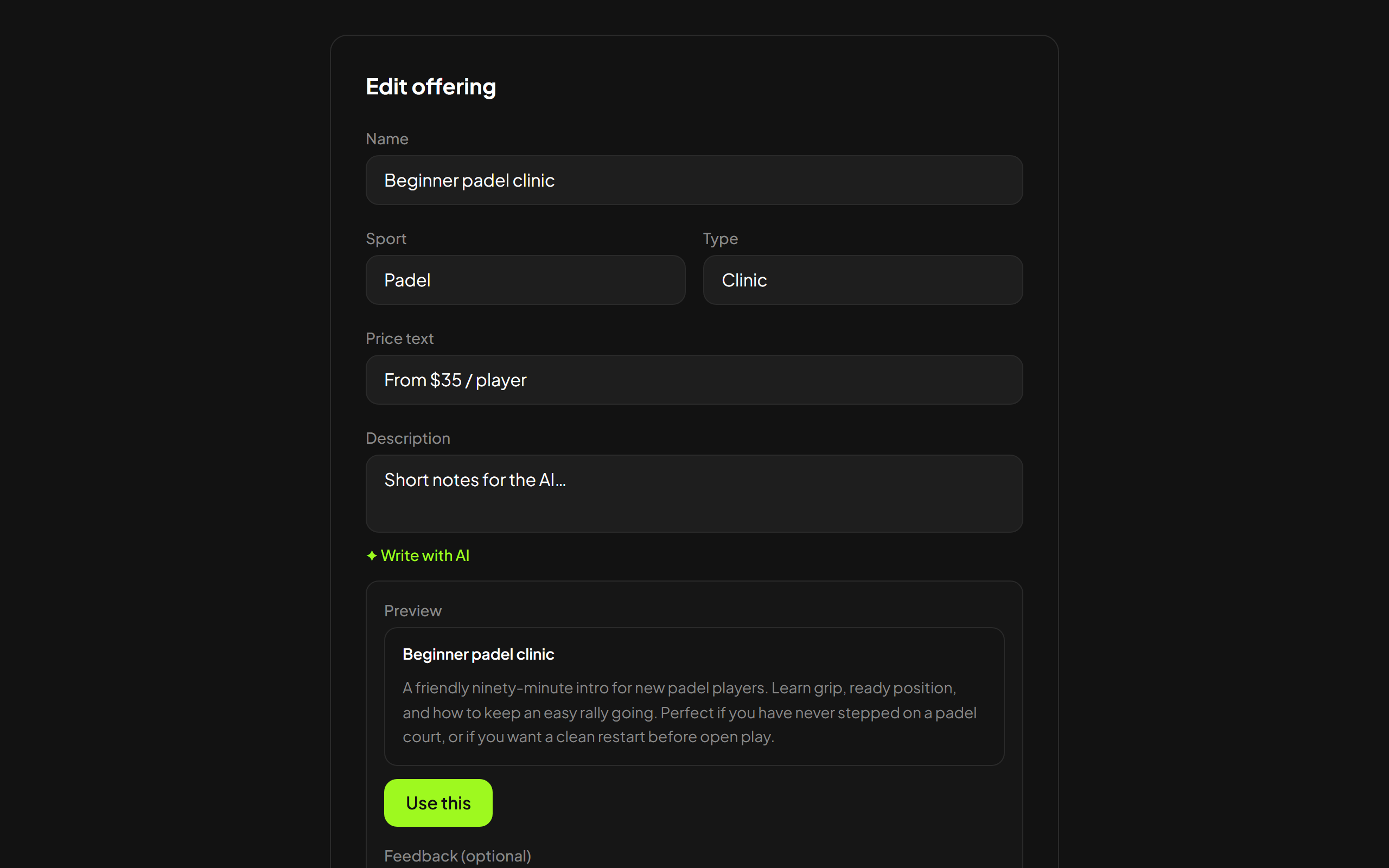 Offering edit form with Write with AI preview