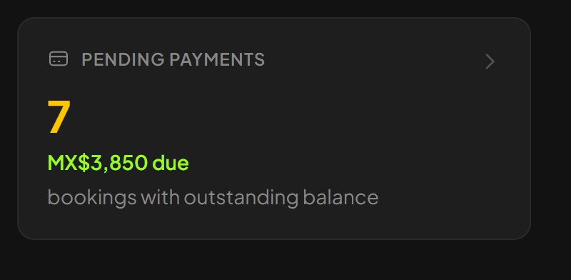 Pending Payments KPI card with count and amount due