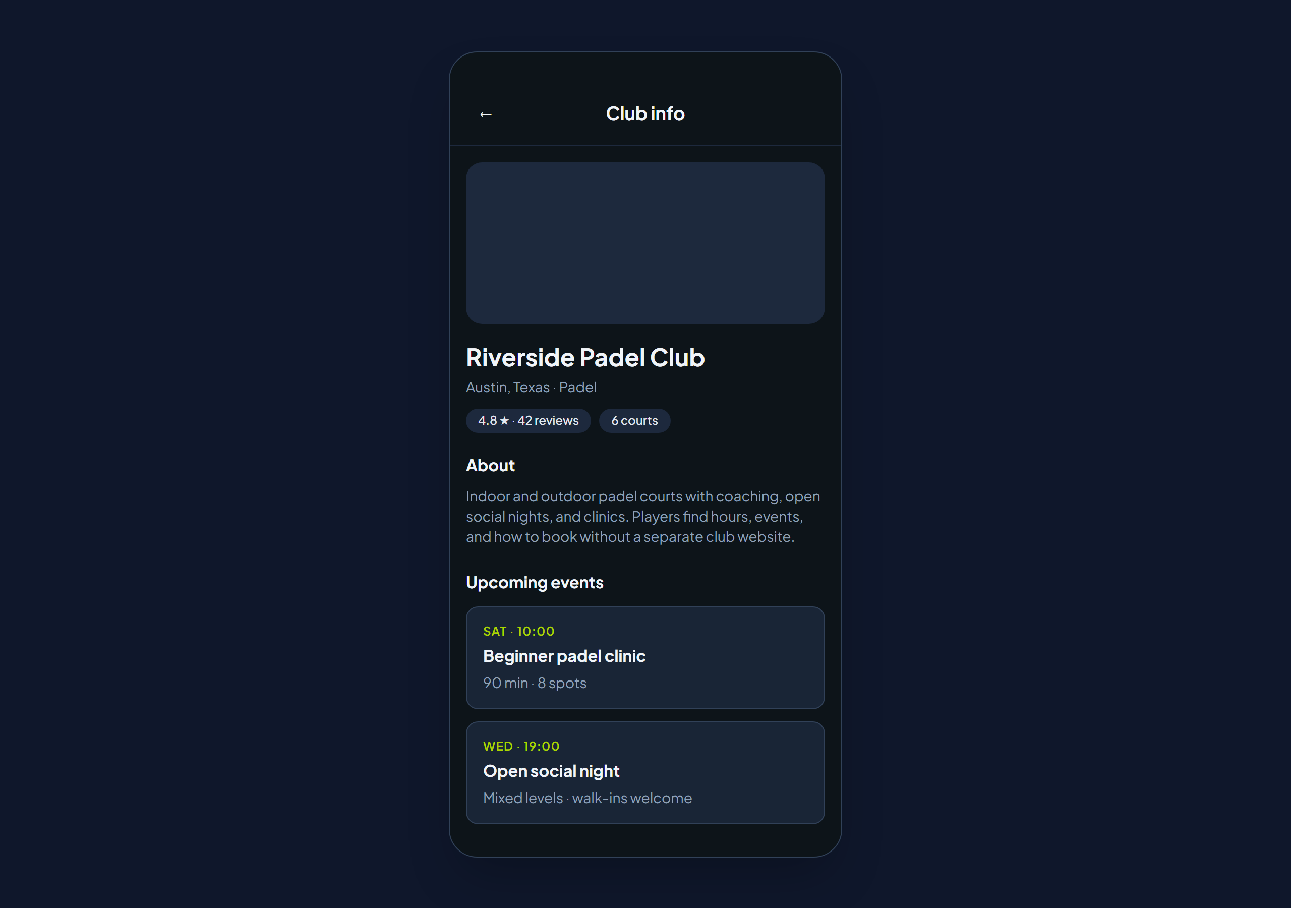 Clubinfo in de spelersapp met Over en events