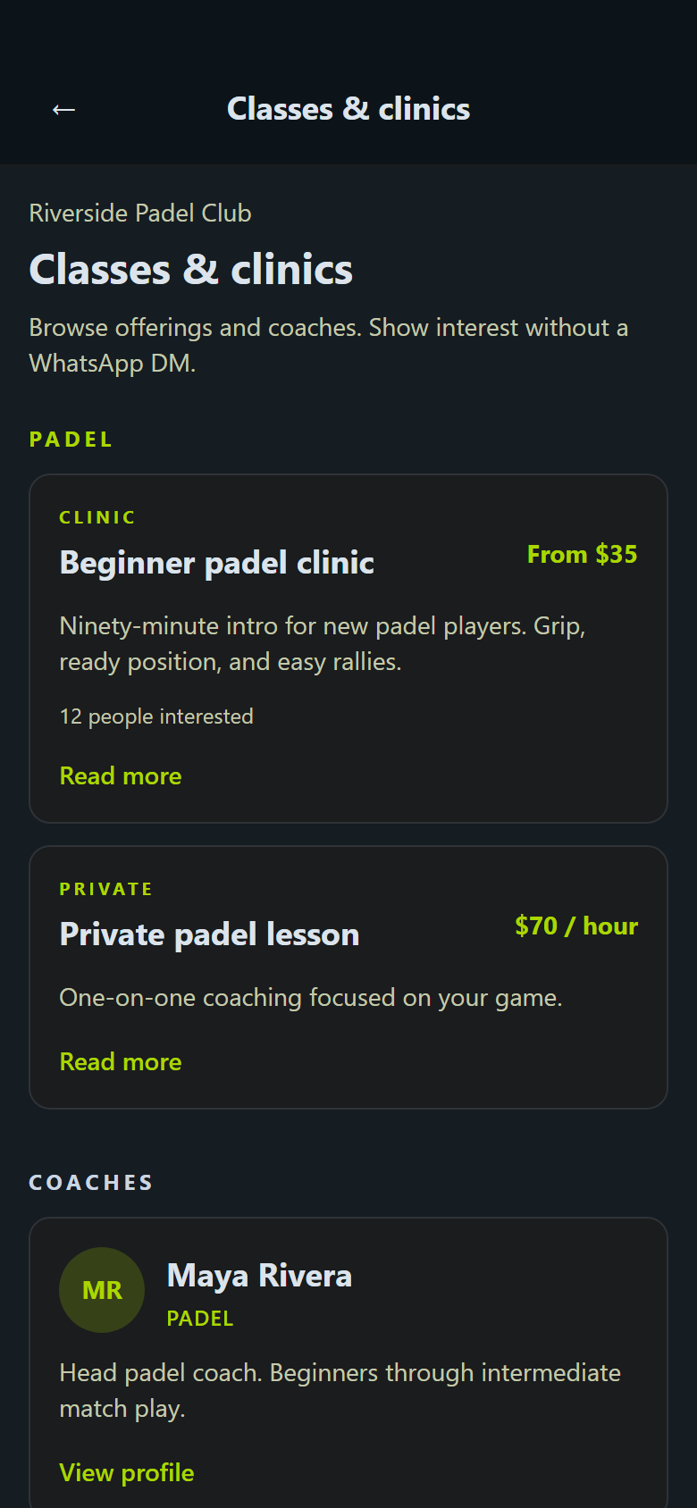 Player app classes and clinics list with offerings and coaches