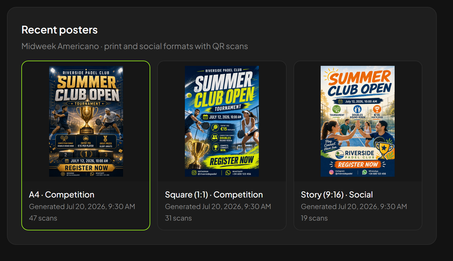 Recent posters in A4, square, and story formats with QR scan counts