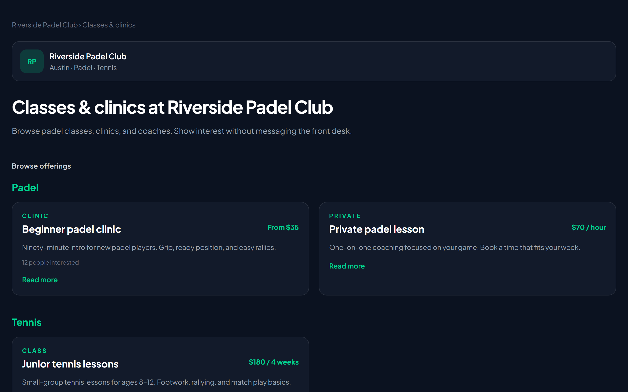 Public classes and clinics listing with padel and tennis offerings and coaches