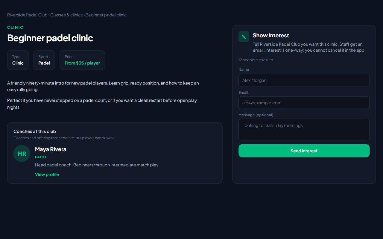 Public offering detail with coach profile and show interest form