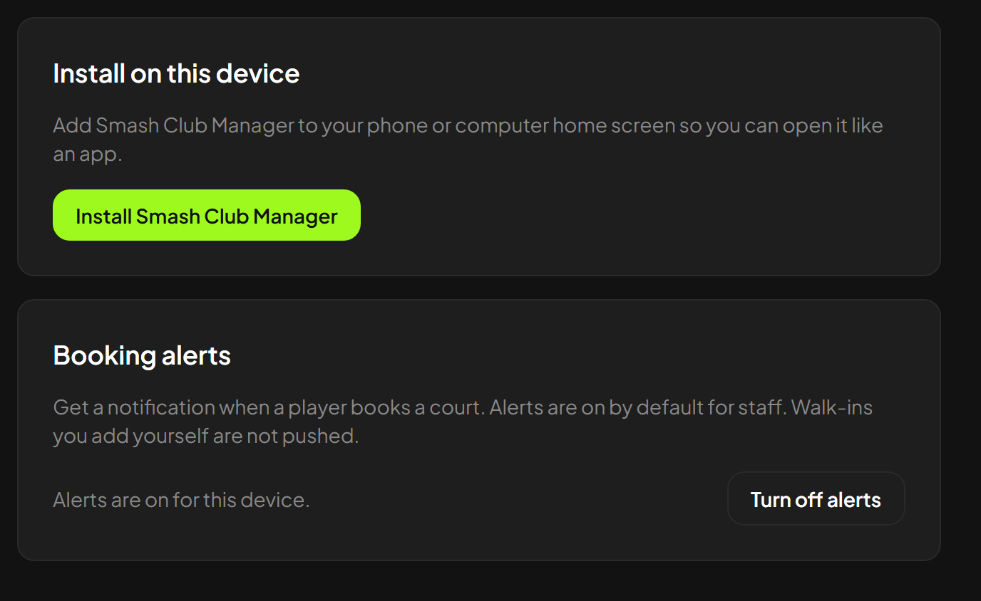 Instellingenkaarten voor Smash Club Manager installeren en boekingsmeldingen