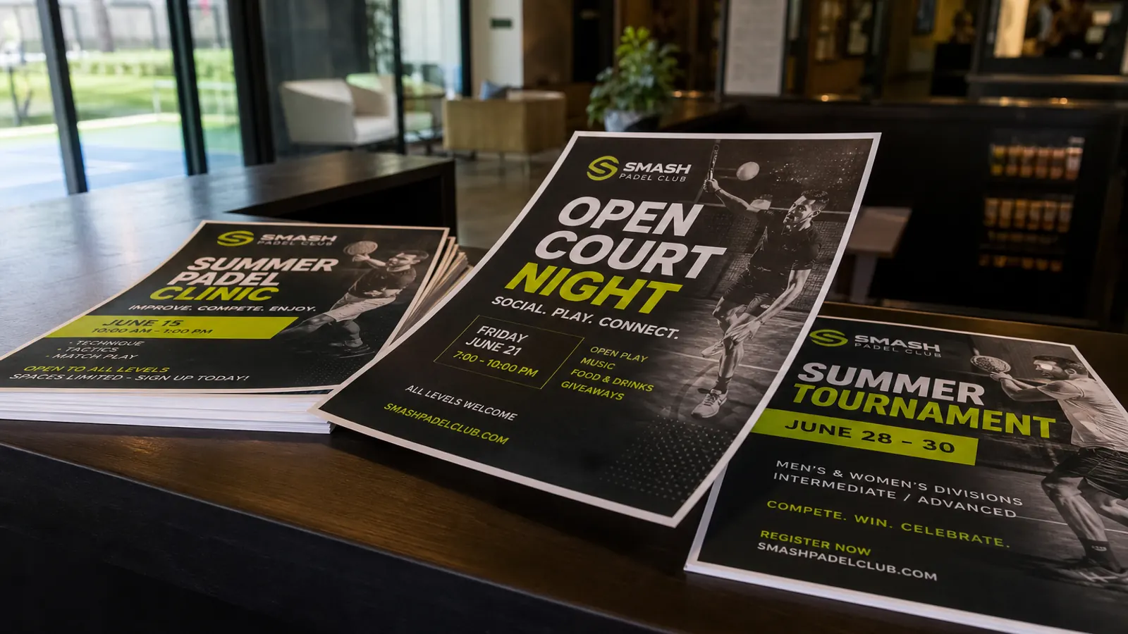 Printed Smash club event posters spread on a reception desk, ready to hang