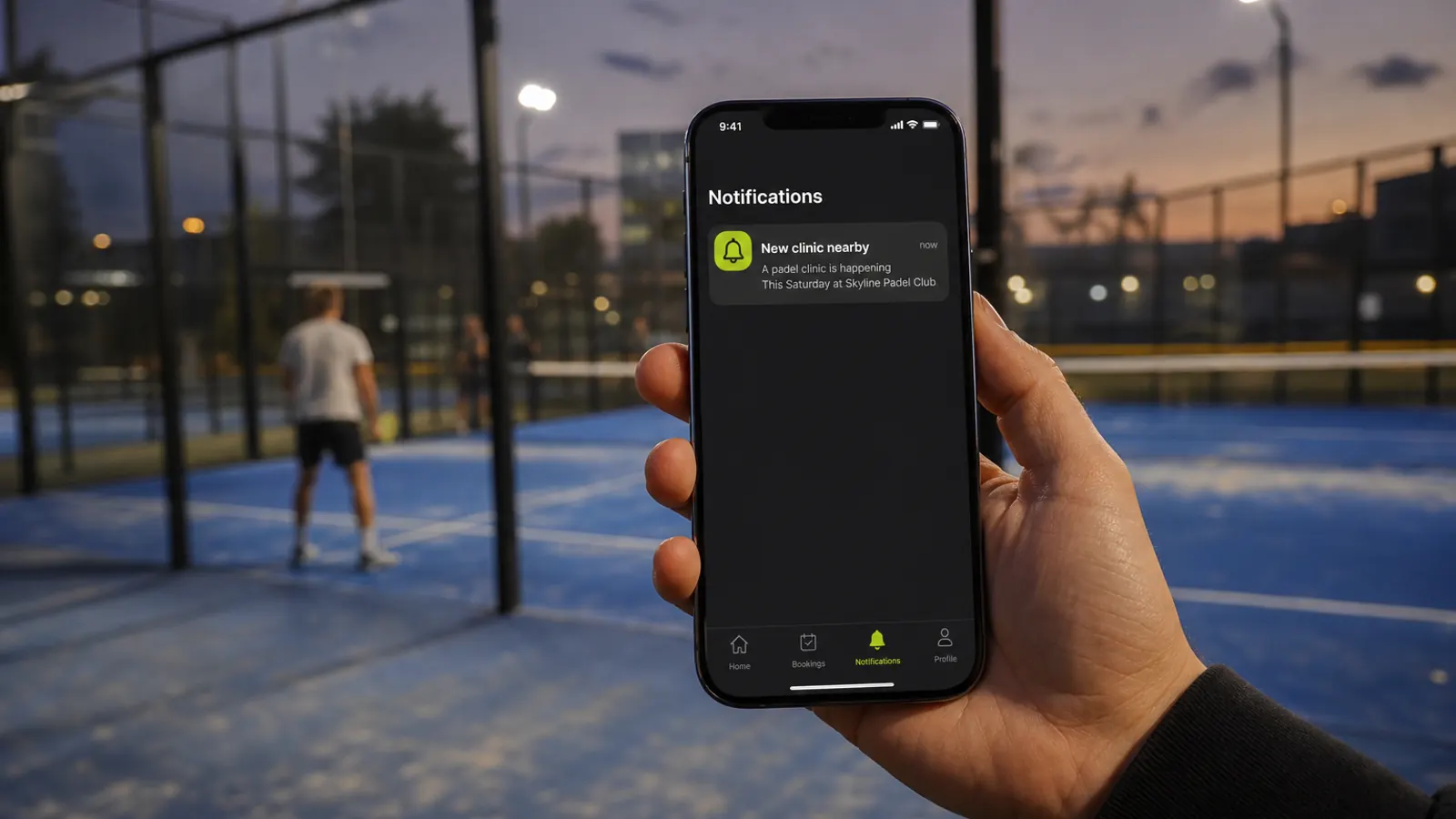 Mano con un teléfono mostrando una notificación de Smash sobre una clínica de pádel cercana, con una cancha iluminada al anochecer de fondo