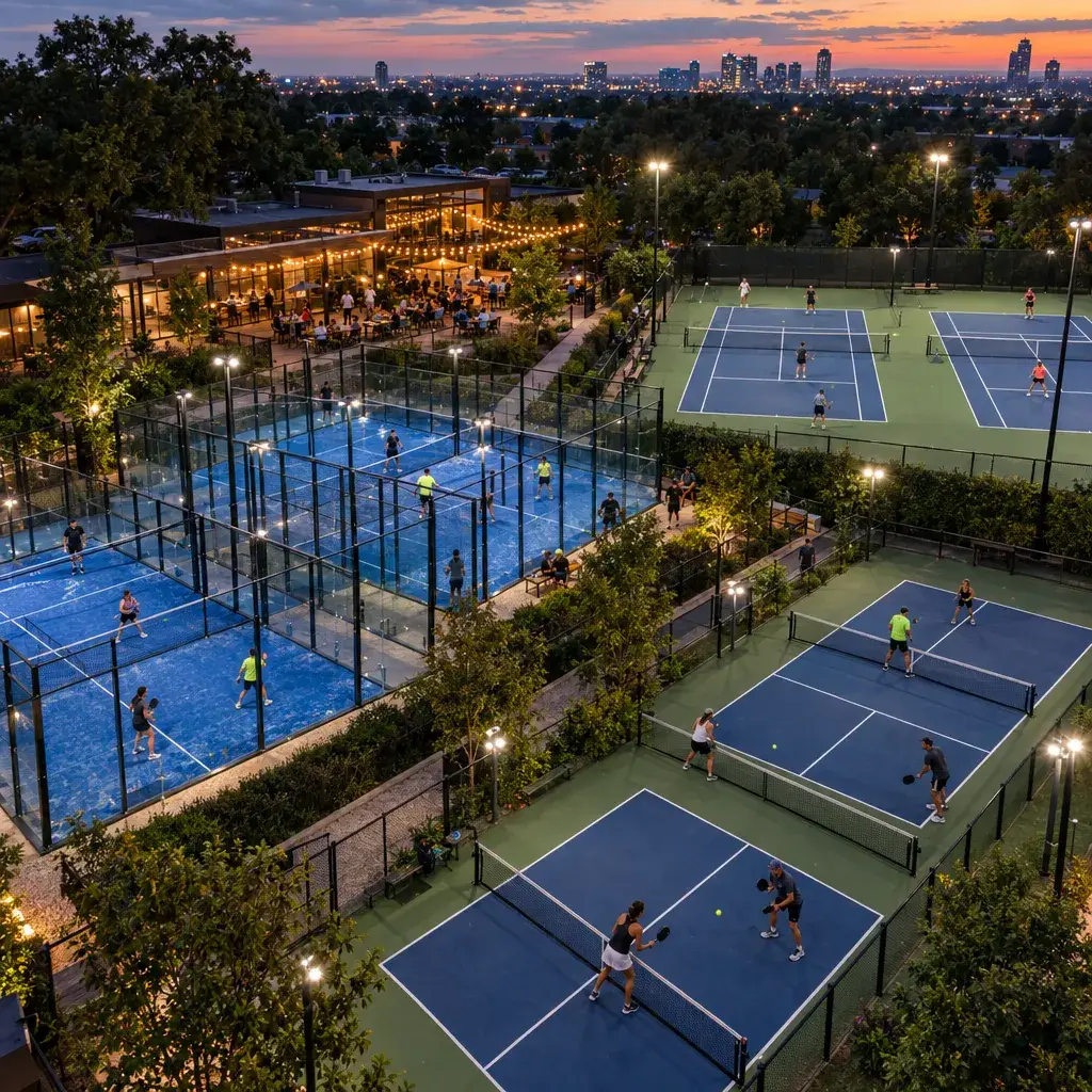 Aerial view of a lively multi-sport club at dusk with padel, tennis and pickleball courts in use