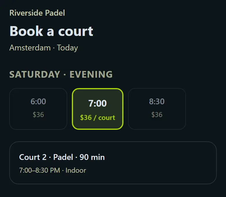 Smash booking screen with evening time slots and a selected court